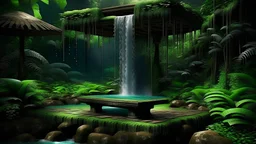 Meditation platform under a waterfall, In the jungle garden my mind bows With the songs of dawn and the sadness of sleep Every leaf - that trembles in the embrace of the green My soul is a tired bird I want to sit in the sky A drop of sweetness from God The truth in my heart., With dreams, like stars, we sailed in the endless space. An otherworldly planet, bathed in the cold glow of distant stars. gloomy landscape with dramatic HD highlights . round Meditation Podium under the waterfall