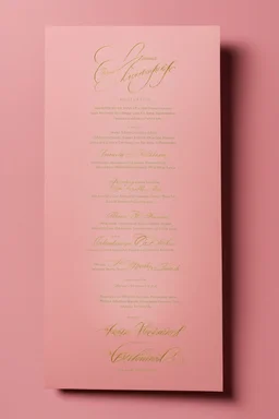 An extremely formal, funeral program written in French for a black woman on salmon pink deeply pigmented velvet paper with brilliant, brightest heavy golden greenish calligraphy fonts, simple, minimalistic, less element, very dramatic lighting