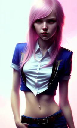 girl, cute, beautiful, pink hair, brown eyes, long hair, bangs, knife in hand, blood on face, by Greg Rutkowski, big boobs, blazer, yandere