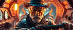 gritty air brush 3d with pen outline,seasoned handsome gunslinger western fluffy elder edgy hero with slightly glowing eyes and nudged skin in front of glistening space lobster dog, shallow depth of field, warm lantern, pin hole cam in doll house space ship, bottom floor board edge border