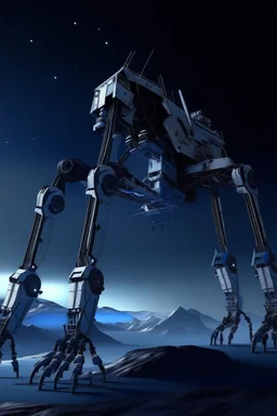 I want an image of a eight legged mechanical walker mech scaling the side of mout everest at night, it has a smooth surface