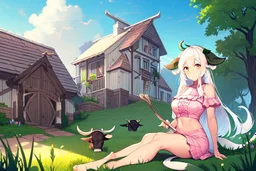 Farm, green grass, house, girl,white hair , sit on grass, cow's tail, cow's horne , cow's under, pink stomach,