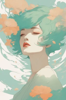 wind blowing from below, portrait of beautiful woman with short green hair, loose lines, flowers, smoke, pastel orange and pastel blue, sense of liberation, concept art, art by james jean, takato yamamoto, 4k, concept art, illustrative