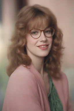 full color image, 1980's yearbook photo, girl, Molly Ringwald, 24 years old, a sly, clever smile on her face, 1980's clothing and hair styles, 4k UHD, photorealistic, (big, full, plump, pouty lips:1.5) big cat-eye eyeglasses, full body, head to toe, full frontal