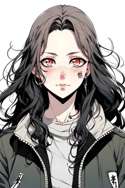 Tokyo Revengers/A girl with long black hair, black eyes, a little pink mouth, wearing a black jacket.