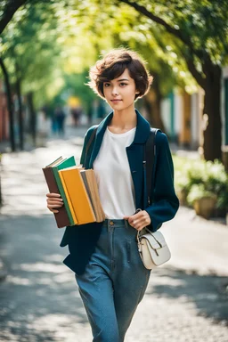 color photo of a student girl 22 years old ,short hair with her books in her hand walking in street,next to trees.