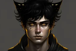 Cat man with messy black hair, gold eyes, large black cat ears on his head, realistic