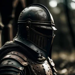 a strong warrior wearing knight face helmet, distant shot, adobe lightroom cinematic filter,