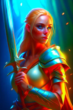 pretty woman, warrior, elf, blonde hair, fantasy, Skyrim, fighter, sword, elder scrolls, young, maternal, 3d render, conceptual art, poster