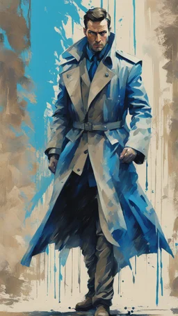 a photo and painting of a man in a trench coat, in combat stance, artgram, cobalt blue, cyan, beige and grey color scheme, reduce character duplication, epic, detailed color scan, moderate glitch pattern visual noise, tint leak