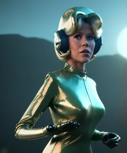 Ultra Realistic retro sci-fi image from 1960, spaceship, sweet young woman Jane Fonda with a Lizard Man, dress with tight latex coat and retro glass helmet, Retro sci-fi style, soft color, highly detailed, unreal engine 5, ray tracing, RTX, lumen lighting, ultra detail, volumetric lighting, 3d, finely drawn, high definition, high resolution.