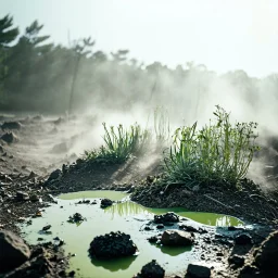 A striking quality Kodak photograph captures a wasteland with liquid and a group of plants, creepy, details of the dust abd liquids very accentuated, glossy organic mass, adorned with minerals and rocks. Bathed in intense light, eerie, Max Ernst style, white sun, fog