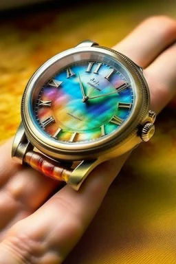 Craft an image of an antique wristwatch, where the watch face is transformed into a shimmering, translucent rainbow."