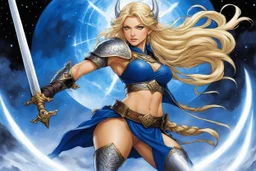 (in the style of Orion, by Masamune Shirow) she is a blonde viking with a braid: she rises her magic Valtamar sword over her head; she is the wearer of the sword of the First Kings! The sword pulses with energy in response to her proclamation, the runes along its length glowing faintly as they respond to her possession. A presence fills her—a silent yet powerful consciousness that acknowledges your claim. The sword does not speak in words, but in images and feelings: of battles won