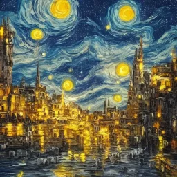 painting of a city in a fantasy starry night photorealistic