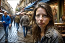 Huge realism photogrphic portrait, face details, on a central street of a European city, leaning on the wall of a cafeteria, a woman photorealistic style, lost gaze towards the sidewalk, behind blurred dynamism of cars, bicycles and pedestrians and shops, 16K