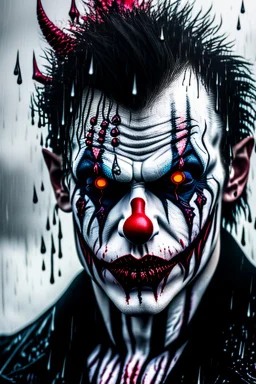 ultra detailed and highly realistic image of a gothic, scary clown, close up of him standing in the rain, the rain messed up his face makeup as it smudged of his face, chaotic, dramatic upclose view, 32k, splatter paint style