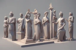 low poly model of people worshipping statues and idols