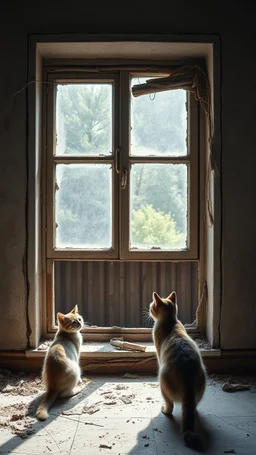 A baby in the crit in front of a big window in an abandoned . A cat is outside looking at him damaged room