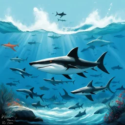 painterly digital painting, more sharks. So you think about sharks. Bigger! Wilder! Whoa! Not that big. Forget it. You will do what you always do. Hand in the art right when they need it. Too late to change. Pisses them off. Something really weir this time. An editorial cartoon by Roger Corman. You mean w-e-i-r-d. No... they're on to me. Overall, it's an absolute world-class masterpiece painterly digital painting. It's an aesthetically pleasing painterly digital painting with impeccable atten