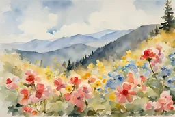 Sunny blue sky, flowers, spring, fantasy, mountains, winslow homer watercolor paintings