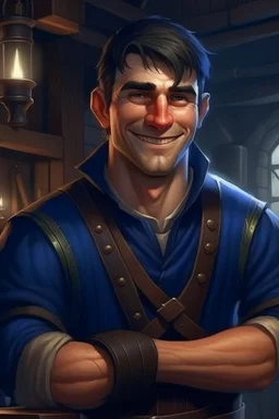 strong young half orc male who works at a tavern with short hair realistic wearing navy blue clothing happy