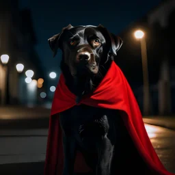 Imagen de un perro negro, tamaño mediano, super héroe, con un disfraz con capa roja, de noche, en una calle bien iluminada, primer plano.