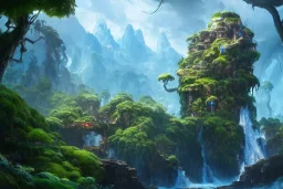 Art by Dylan cole and Eddie mendoza, Avatar concept art, pandora, hovering island with waterfall, magnificent landscape, ultra-wide angle, ultra realistic, digital painting, 8 k uhd, volumetric lighting, beautiful, sharp focus, ultra detailed, concept art, studio quality