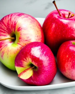 Pink Apple and red pear on a black dish