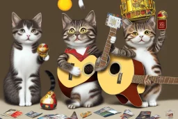 Group of three mature cats musicians, one cat playing guitar, one cat playing drums, one cat holding microphone and singing, street, Vienna, smiling, sunny day, model style, hyper realistic, extremely accurate, delicate, extremely detailed, Graphic novel style, wide-angle, open aperture, superfine pencil