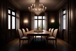 a dining room table with chairs and a chandelier, elegant and refined, elegant render, with photorealistic lighting, luxurious environment, high-quality render, excellent 3d render, cg rendering, high quality rendering, insanely detailed ,rendering, realistic depiction, very realistic 3 d render, realistic rendering, dining room, high quality 3d render, high quality 3 d render,4k