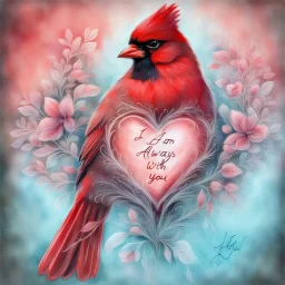 a vibrant digital chalk sketch painting featuring a double exposure image of a beautiful majestic red cardinal, ultra-detailed, within the body of the cardinal is a heart with the words "I AM ALWAYS WITH YOU" in a beautiful script