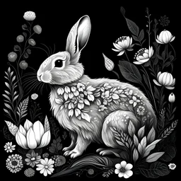 a beautiful rabbit between seeds and big flowers black background .black and white colors. for a coloring book . with grayscale