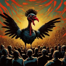 Surreal sinister evil turkey with its wings splayed wide looms above a stage where anthropomorphic zombie turkey puppets connected to visible puppet strings crazily dance, surreal, minimalist, sharp colors, dramatic, modern horror comic book art, matte oil painting, backlighting, eerie, by George Herriman, by Aeron Alfrey.