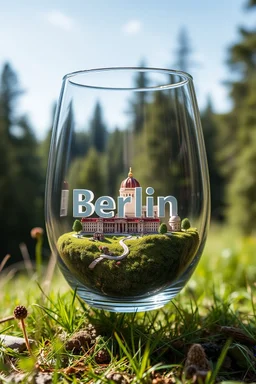 Create hyper-realistic photo of a wine glass tumbler in a wild forest. Inside, a miniature [Berlin] with landmarks. A trasparrent 3D text of [Berlin] blends naturally into the landscape . Soft bright daylight, reflections, and subtle imperfections like fingerprints. DSLR quality, sharp focus.