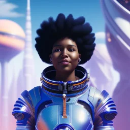 Ultra realistic photo. volumetric lighting , scientist. Young black woman, young, big smile. Joy. smiling. Afro futurism. Afro puffs. Blue hair. Ombré hair Cotton candy. Futuristic cities in background. Space. Space travel. Silver. Cities