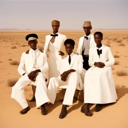 modern art ,In the style of William Klein, extremely thin and malnourished black African people wearing white collar dress in an arid desert landscape, color photography captured in the style of dslr camera. --ar 62:85 --v 6. 0