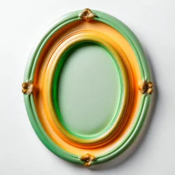 Oval picture frame in the colors mango and light green and some light orange all on a light background