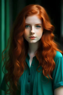 Teal dress, Age 24, girl, white Complexion, dark green eyes, , long hair, red hair, wavy hair, square face, button nose