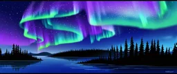 northern lights over trees and water. redraw in a whimsical hand drawn style.