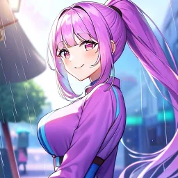 Clear focus, 8k, high quality, detailed, beautiful lighting, girl, vibrant colors, blue long hair, vibrant pink eyes, raining, ponytail, smile,