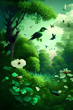 Green forest with the flowers birds and clouds