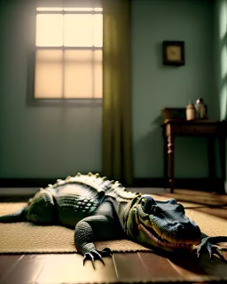 Room scene with alligator sleeping, Wes Anderson styler, realistic image, concept art, smooth, unreal engine 5, god lights, ray tracing, RTX, lumen lighting, ultra detail, volumetric lighting, 3d.