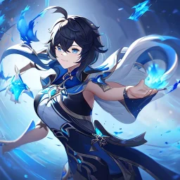 Genshin woman, Clear Focus High resolution, Calm Background, Light skinned woman, Black long beatiful hair, Dark blue sparkling eyes, Very Beatiful Face, Splash art, Battle Scene Epic, Spinning Pose