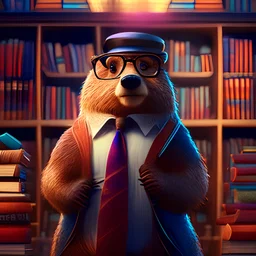 a photograph of a dignified beaver wearing glasses wearing gafas wearing glasses, a vest, and colorful neck tie. He stands next to a tall stack of books in a library, extremly detailed, cinematic, 8k