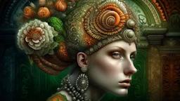 Beautiful humanoid lady wearing lace patterned snail portrait, with extremely textured house adorned with lace beads, black diamonds and leaves orange, green beige. Brown ginger leaves white flowers bioluminescense water drops Organik bio spinal ribbed detail of rococo ornate full floral creative background extremely detailed hyperrealistic maximálist concept art