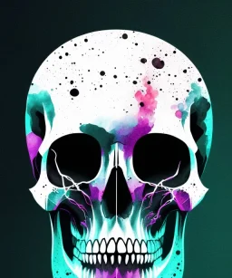 minimal lineart skull. watercolor and ink. broken. particles. black background. teal and magenta