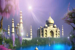 cascade,a magical crystal flower lys bougainvillier, blue gold taj mahal,blue lake,sun,white swanns,pink vertical, blue lake,sharp, vines, candlelit, endor, ornate, elegant, highly detailed, artstation, concept art, smooth, sharp focus, illustration, 8k, splash art, wallpaper, key visual