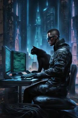 cyberpunk programmer black_Cat_Typing_on_computer_background binary codes, surrounded_by_mindent_3D_binary matrix codes and neutron mesh_etheral, Paranoid_sci-fi_in background_a_tall_cyberpunk_city, the cat hacker watchings monitor, Hyperrealistic texture, high detail, Sinister, cold dynamic lighting, dark-neon colors, Ultra_HD_intense_focus