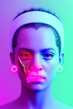 Ultra Realistic image, Rosalía artist, waist up portrait, black eye line, angry face , gold, blue, pop style, pink spray line make up, geometric, led lights, neon, rings piercing, led ornament, fog, bubble latex coat, vibrant color, highly detailed, art stations, concept art, smooth, unreal engine 5, god rays, ray tracing, RTX, lumen lighting, ultra detail, volumetric lighting, 3d, finely drawn, high definition, high resolution.